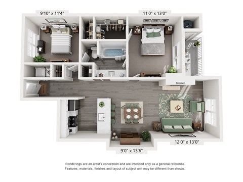 Floor plan for 2 beds, 1 bath, 910 sqft